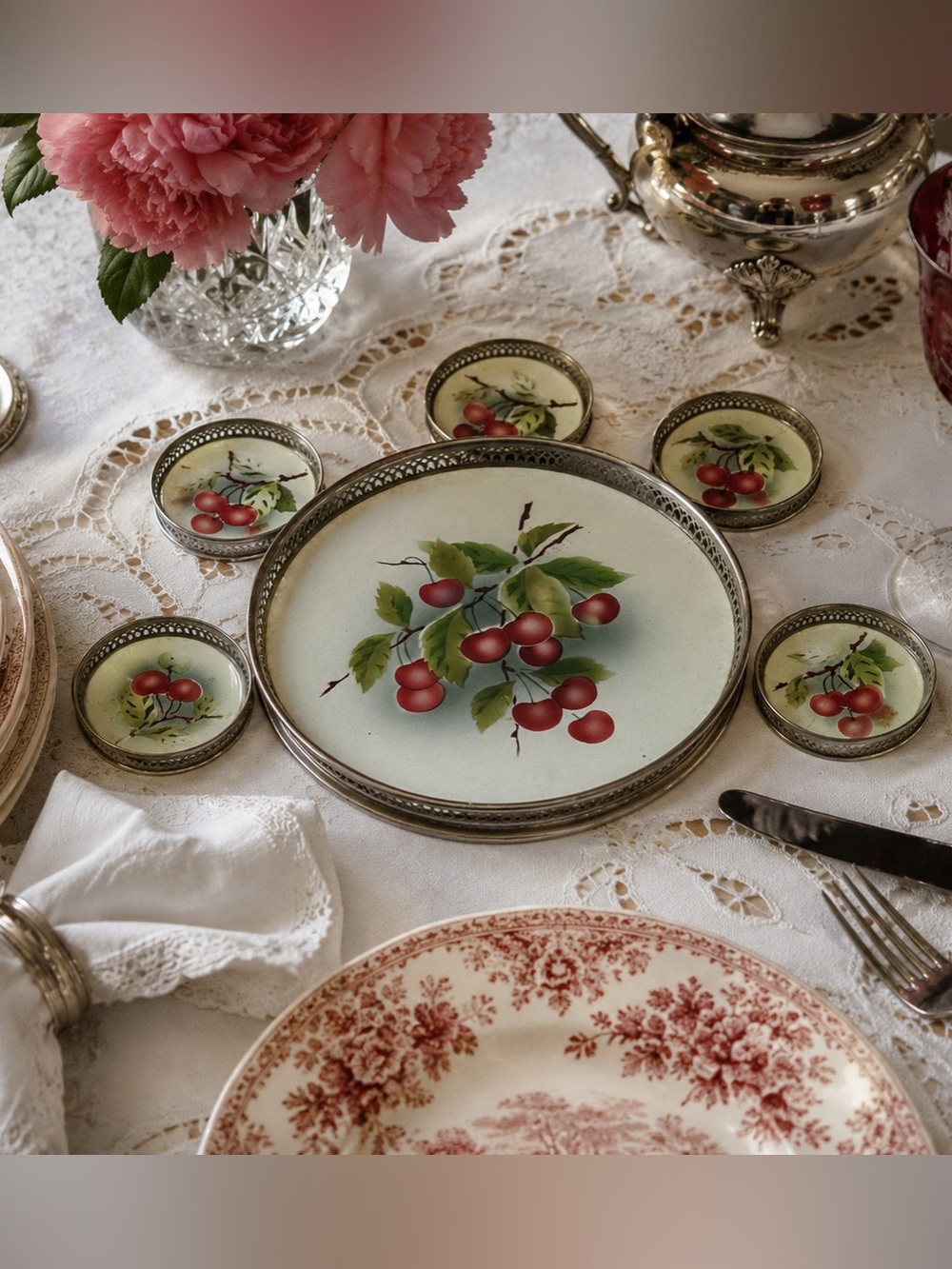 German 3356 Cherry Porcelain Coaster Set w/ Tray, Hand Painted Vintage 1930-1950